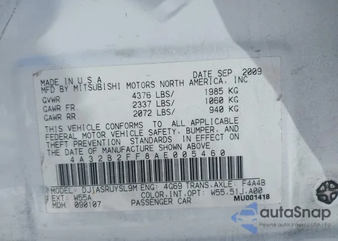 2010 Mitsubishi Galant Fe z USA, uszkodzony, nr VIN 4A32B2FF8AE005460